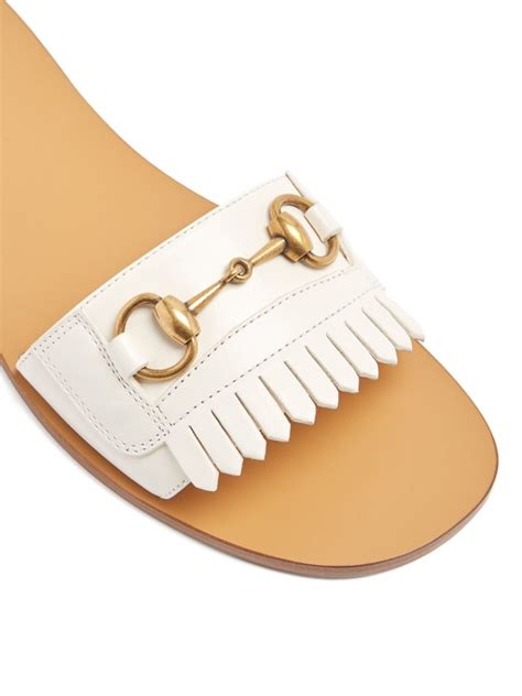 gucci fringe horsebit leather slides|Women's slide sandal with Horsebit in white leather .